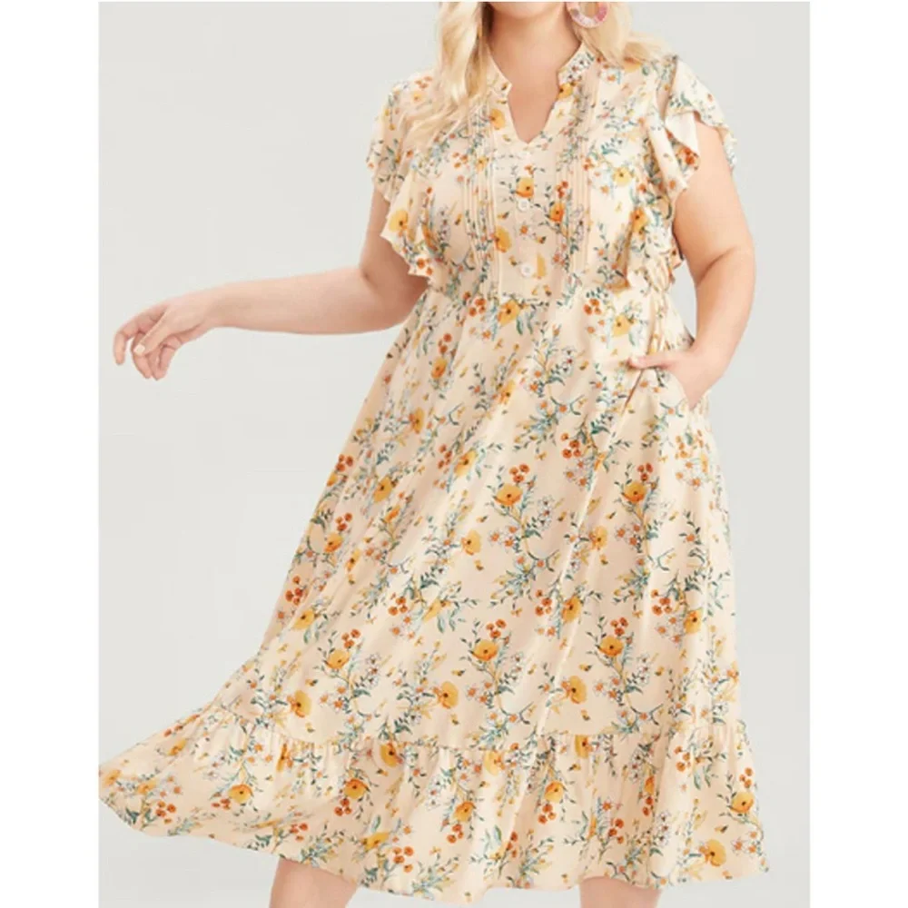 Size 14 - 16 • 1x BloomChic • yellow floral ruffle pleated front midi dress NWT - Picture 1 of 5